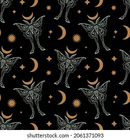 Magic luna moth seamless pattern. Modern witchcraft mystic logo. Mystical magical astrology moon symbol. Flat line ornate art.