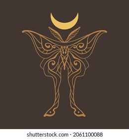 Magic luna moth spiritual animal. Modern witchcraft mystic logo. Mystical magical astrology moon symbol. Flat line ornate art.