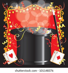 Magic Magician Birthday Party Invitation. Colorful invitation bursting with streamers and magic mist coming from a black top hat. Magic wand, cards and a bright marquee background