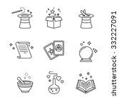 Magic and magician tools. Thin line art icons set. Black vector symbols isolated on white.