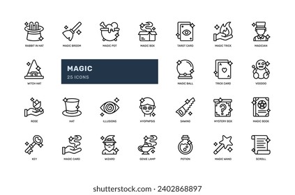 magic magician magic trick entertainment detailed outline line icon set