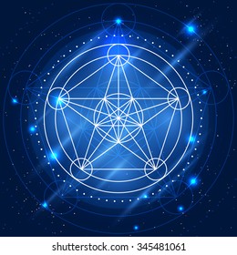 Magic mana geometry sign. Rune or alchemy mystical symbol for game design, sprite for game user interface. Vector fantasy illustration of linear star on blue space background