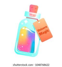 The magic mana of a unicorn. Rainbow liquid with star in the bottle. Vector cartoon illustration