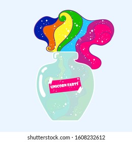 The magic mana of a unicorn. Rainbow liquid with star in the bottle. Vector cartoon illustration.