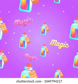 The magic mana of a unicorn seamless pattern. Rainbow liquid with star in the bottle. Vector cartoon illustration