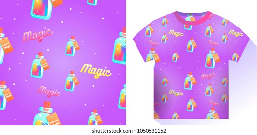 The magic mana of a unicorn seamless pattern. Rainbow liquid with star in the bottle. Vector cartoon illustration