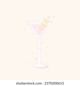magic martini garnished with moon in pink theme, vector illustration