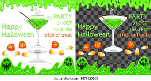 Magic martini, potion monster. Flowing mucus. Treat in form of pumpkin. Orange-yellow-white candy. Color fill isn't gradient. White background transparent in EPS Vector illustration