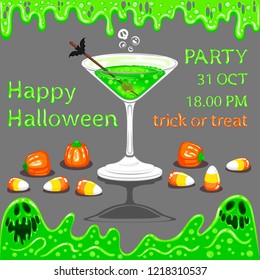 Magic martini and potion monsters. Flowing mucus. Treats in the form of pumpkins. Orange-yellow-white candy. Color fill isn't a gradient. Vector illustration. EPS 8. 