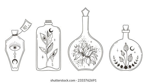 Magic masson jar with mystical plants and moon bundle, hand drawn glass bottles and celestial flowers vector images set