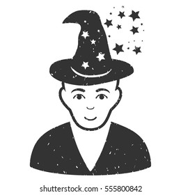 Magic Master grainy textured icon for overlay watermark stamps. Flat symbol with scratched texture. Dotted vector gray ink rubber seal stamp with grunge design on a white background.
