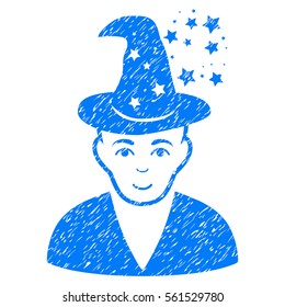 Magic Master grainy textured icon for overlay watermark stamps. Flat symbol with unclean texture. Dotted vector blue ink rubber seal stamp with grunge design on a white background.