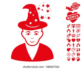 Magic Master icon with bonus decoration images. Vector illustration style is flat iconic red symbols on white background.