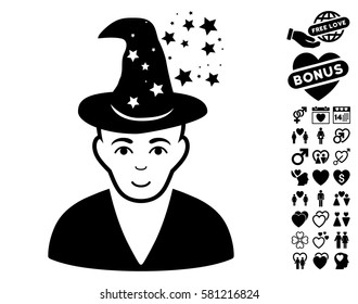 Magic Master icon with bonus decorative pictures. Vector illustration style is flat iconic black symbols on white background.
