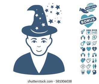 Magic Master icon with bonus lovely symbols. Vector illustration style is flat iconic cyan and blue symbols on white background.