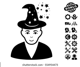 Magic Master icon with bonus setup tools icon set. Vector illustration style is flat iconic black symbols on white background.