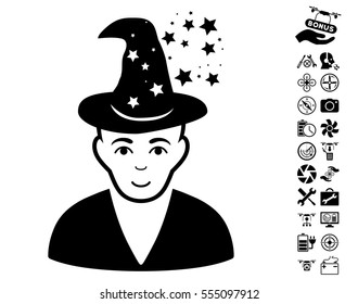 Magic Master pictograph with bonus aircopter service graphic icons. Vector illustration style is flat iconic black symbols on white background.