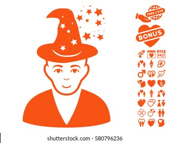 Magic Master pictograph with bonus decoration images. Vector illustration style is flat iconic orange symbols on white background.