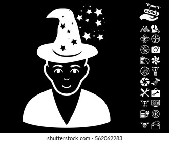 Magic Master pictograph with bonus quadrocopter service clip art. Vector illustration style is flat iconic white symbols on black background.