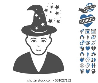 Magic Master pictograph with bonus romantic pictograph collection. Vector illustration style is flat iconic cobalt and gray symbols on white background.