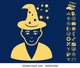 Magic Master pictograph with bonus uav service icon set. Vector illustration style is flat iconic yellow symbols on blue background.