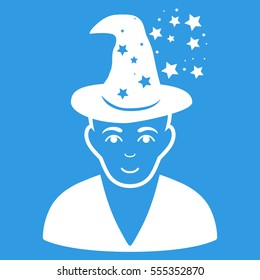 Magic Master vector icon. Flat white symbol. Pictogram is isolated on a blue background. Designed for web and software interfaces.