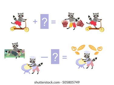 Magic math with cute raccoons. Educational game for children. Cartoon illustration of mathematical addition and subtraction - 2.