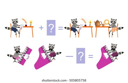 Magic math with cute raccoons. Educational game for children. Cartoon illustration of mathematical addition and subtraction - 5.