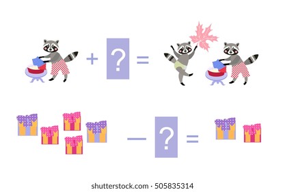 Magic math with cute raccoons. Educational game for children. Cartoon illustration of mathematical addition and subtraction - 7.