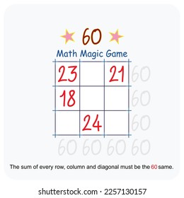 Magic math game. (Magic square)  Recreational mathematics and educational series vector illustration.
