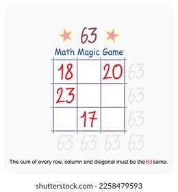 Magic math game. (Magic square)  Recreational mathematics and educational series vector illustration.