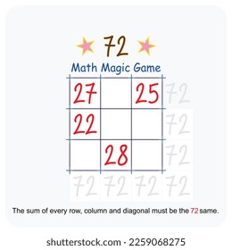 Magic math game. (Magic square)  Recreational mathematics and educational series vector illustration.