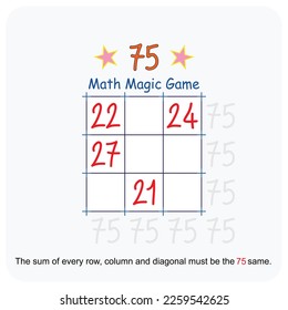Juego de matemáticas mágicas. (Magic square) Matemáticas recreativas e ilustraciones vectoriales de series educativas.