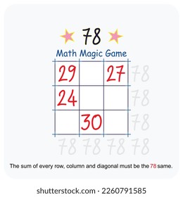 Magic math game. (Magic square)  Recreational mathematics and educational series vector illustration.