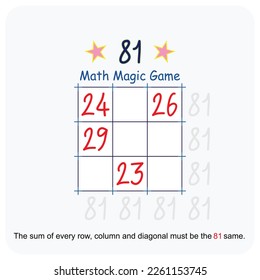 Magic math game. (Magic square)  Recreational mathematics and educational series vector illustration.