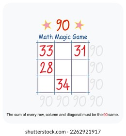 Juego de matemáticas mágicas. (Magic square) Matemáticas recreativas e ilustraciones vectoriales de series educativas.