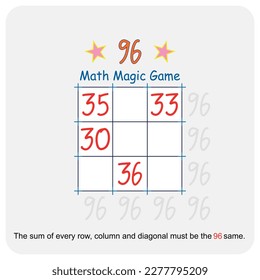 Magic math game. (Magic square)  Recreational mathematics and educational series vector illustration.