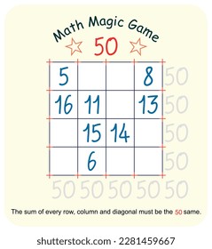 Magic math game. (Magic square)  Recreational mathematics and educational series vector illustration.