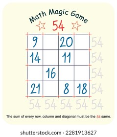 Magic math game. (Magic square)  Recreational mathematics and educational series vector illustration.