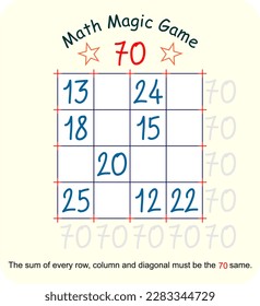 Magic math game. (Magic square)  Recreational mathematics and educational series vector illustration.