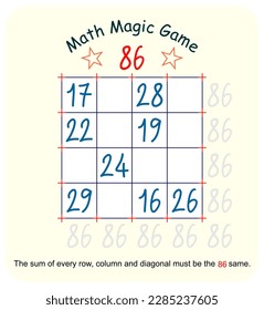 Magic math game. (Magic square)  Recreational mathematics and educational series vector illustration.