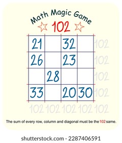 Magic math game. (Magic square)  Recreational mathematics and educational series vector illustration.