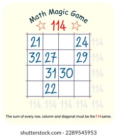 Magic math game. (Magic square)  Recreational mathematics and educational series vector illustration.