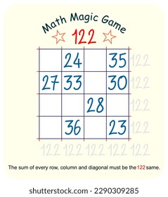 Magic math game. (Magic square)  Recreational mathematics and educational series vector illustration.