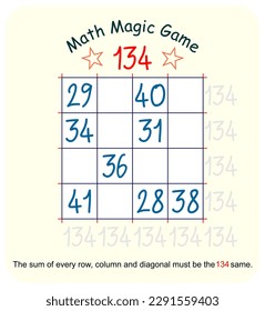 Magic math game. (Magic square)  Recreational mathematics and educational series vector illustration.