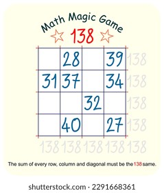 Magic math game. (Magic square)  Recreational mathematics and educational series vector illustration.