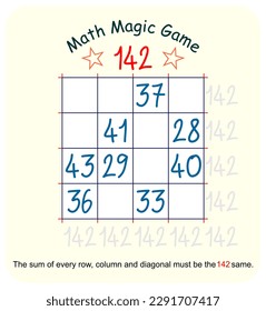 Magic math game. (Magic square)  Recreational mathematics and educational series vector illustration.