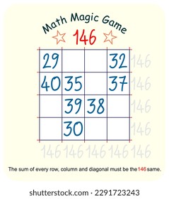 Magic math game. (Magic square)  Recreational mathematics and educational series vector illustration.