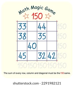 Magic math game. (Magic square)  Recreational mathematics and educational series vector illustration.