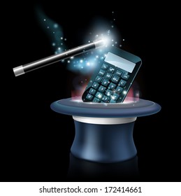 Magic maths concept with calculator coming out of a magicians top hat with a magic wand waving over it, could also be a concept for finding maths difficult or mysterious.